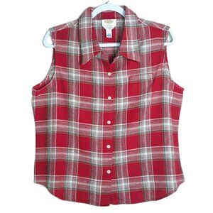 Talbots Irish Linen Blend Red Plaid Sleeveless Top Collared Button Large